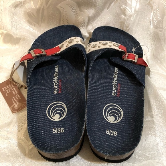 EuroWellness Balance White & Red Denim Slip Ons - Picture 2 of 9